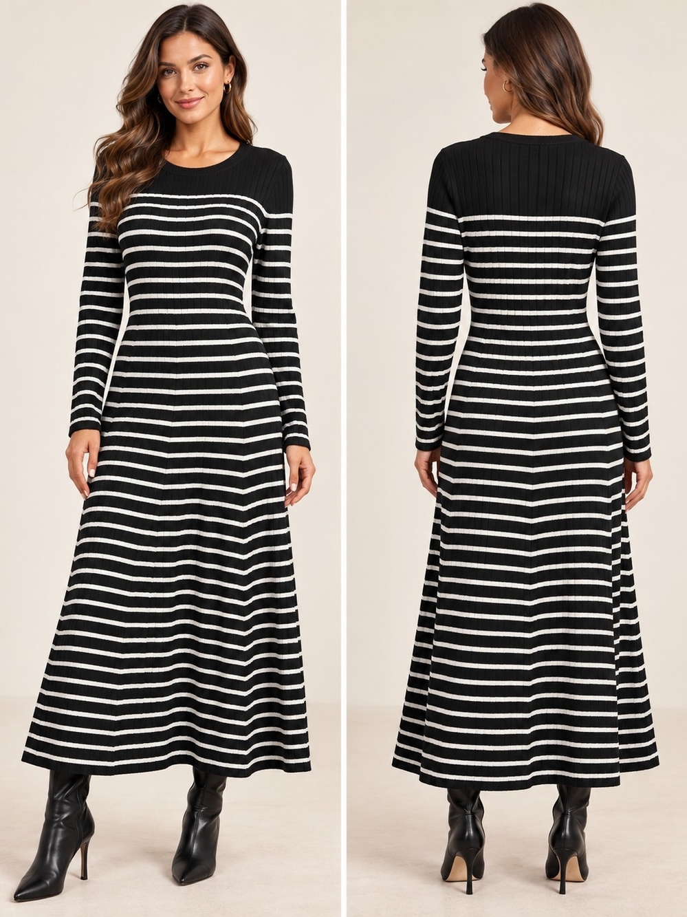 Nine West Black & White Striped Ribbed Maxi Dress
